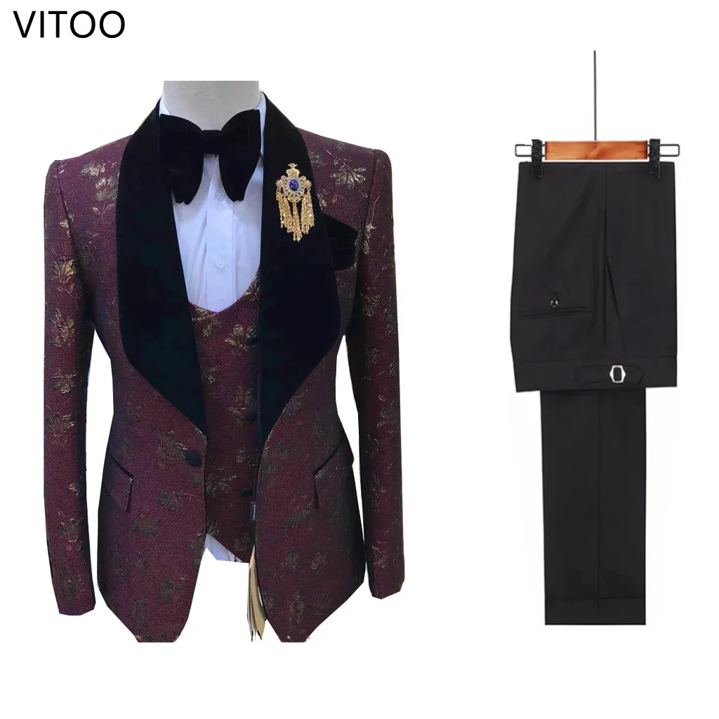 

3-PieceLatest British Style Printed Velvet Men's Suit Casual Single-Breasted Boutique Set Wedding Prom Tuxedo Groom Dress Banque