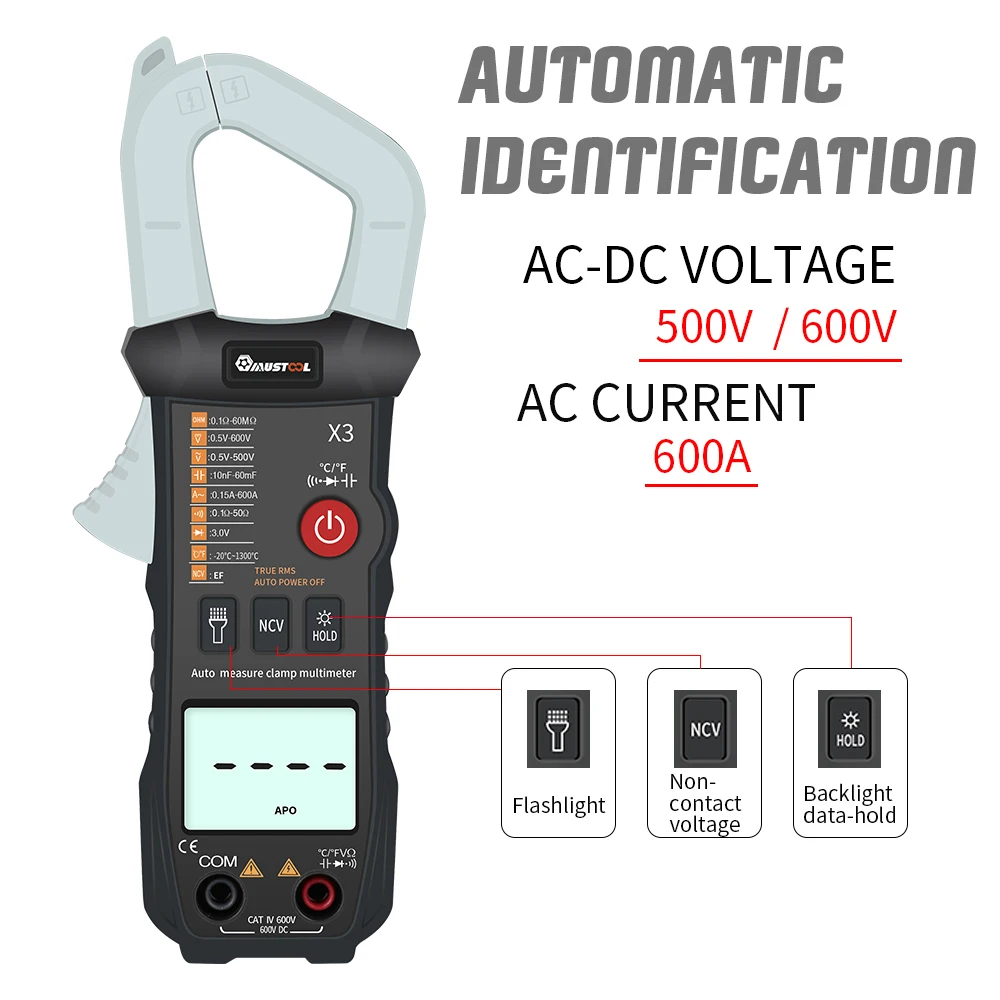 MUSTOOL X3 полностью умный истинный RMS клещи 6000 отсчетов Авто идентификация Цифровой мультиметр NCV/резистор/диод/ВКЛ-ВЫКЛ тест