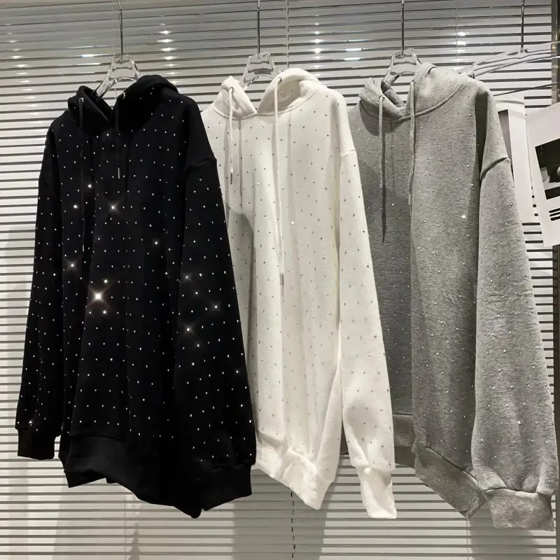 

Hot Rhinestone Loose Solid Oversized Sweatshirt Women Student Pullover Hooded Femme Hoodies Top 2021 Fall Winter Fashion Clothes