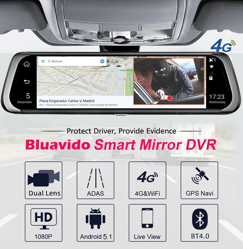 Автомобильное Зеркало видеорегистратор Bluavido 10 дюймов IPS 4G Wi Fi Android GPS навигация ADAS
