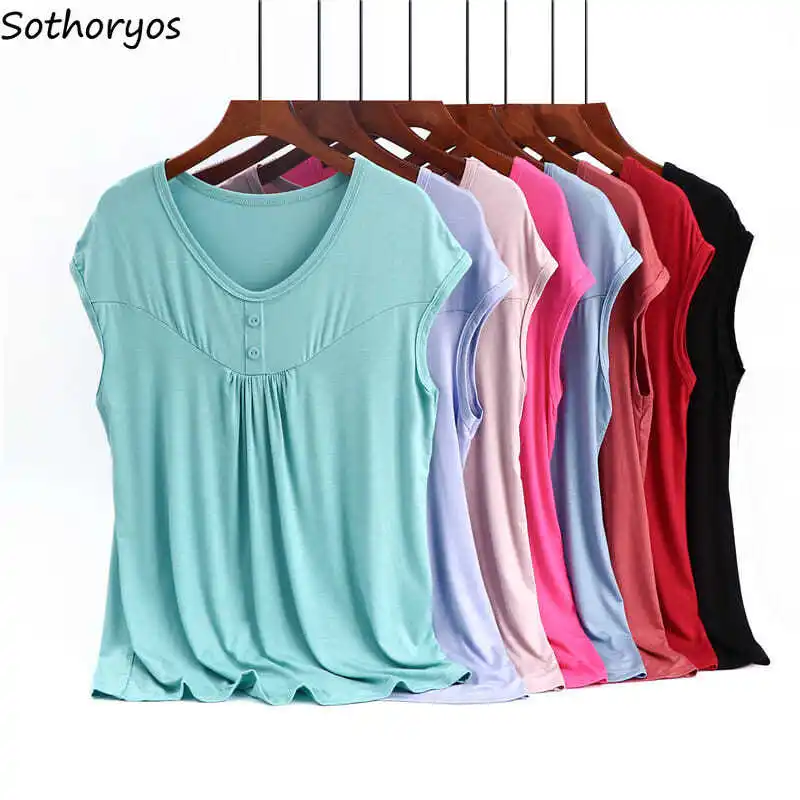 

Stylish Short Sleeve Sleep Tops Women Basic Mature V-neck Modal All-match Soft Stretchy Draped Tees 8 Colors Female Popular