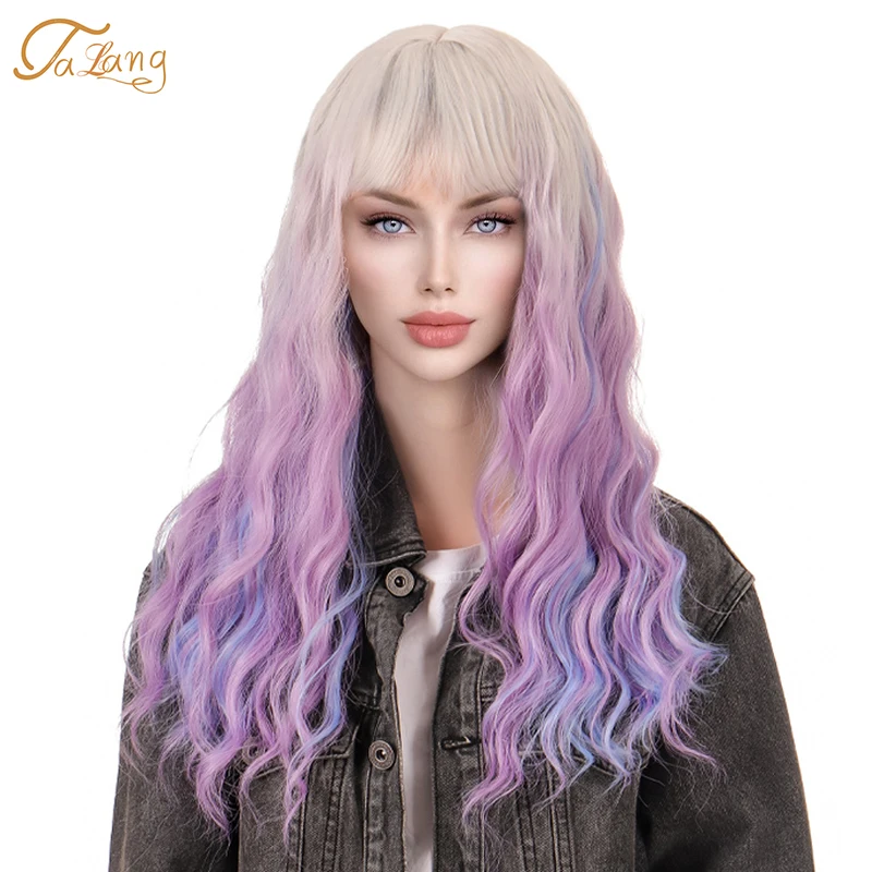 

TALANG Heat Resistant Synthetic Wigs Long Wavy Gray Blue Purple Wig Style Lolita Air Bangs Natural Fluffy Daily Cosplay wig