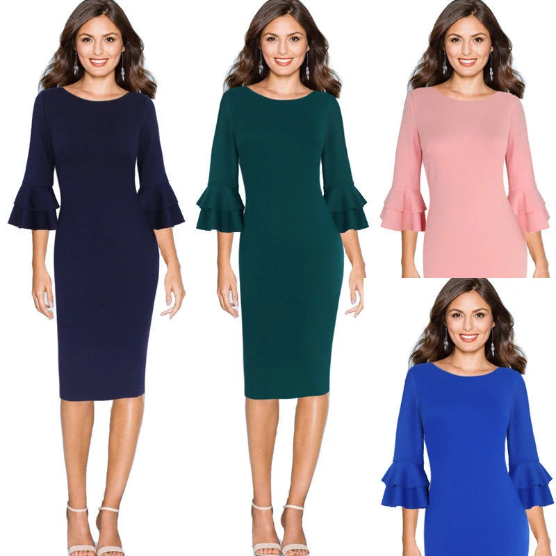 Женское платье элегантное однотонное платье-футляр средней длины с круглым