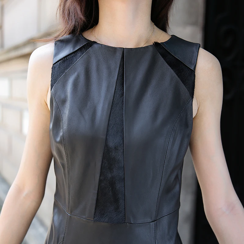 

High Quality Luxury Womens Slim Fit Dress Fashion Solid O-Neck Sheepskin Dress Female Long Genuine Leather Sleeveless Dress