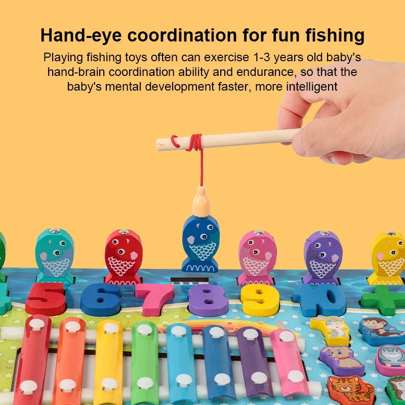 

Fruit Animal Hand Grasping Board Eight-Tone Knocking Piano Multifunction 5In1 Fishing Digital Building Block Matching Board Toy