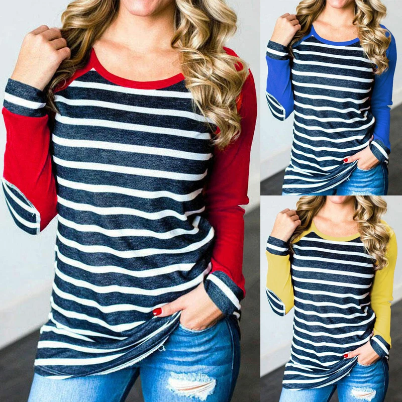 

Женская повседневная одежда, осень-весна 2020, женская футболка в полоску с длинным рукавом и круглым вырезом, Женская Осенняя Базовая рубашк...
