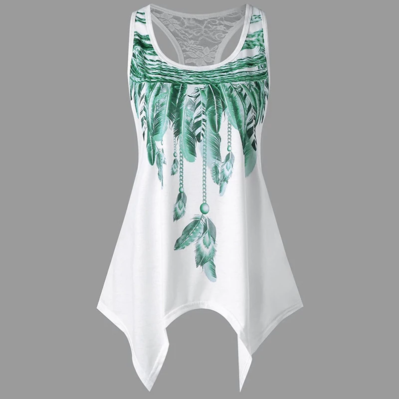 Женская Асимметричная майка без рукавов с принтом перьев летняя футболка