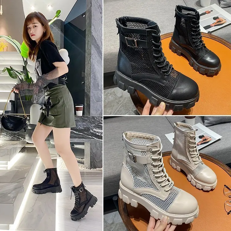 

Spring And Summer Net Yarn Martin Boots Female British Style Popular New Teen Casual Thick-Soled Net Boots Ankle Boots Black