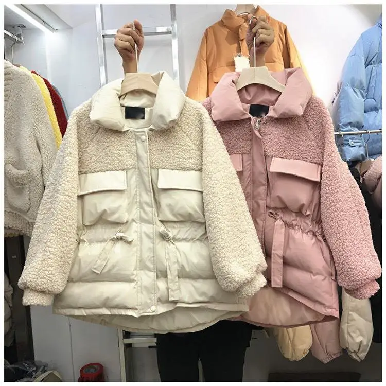 Зимняя куртка женская имитация овечьей шерсти парка с карманами и поясом пальто