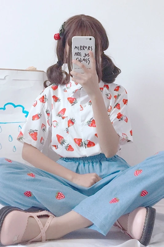 

Spring Summer New Japanese Sweet Strawberry Print Short Blouse Trousers Girl Student All-match Thin Loose Shirt Pants Female