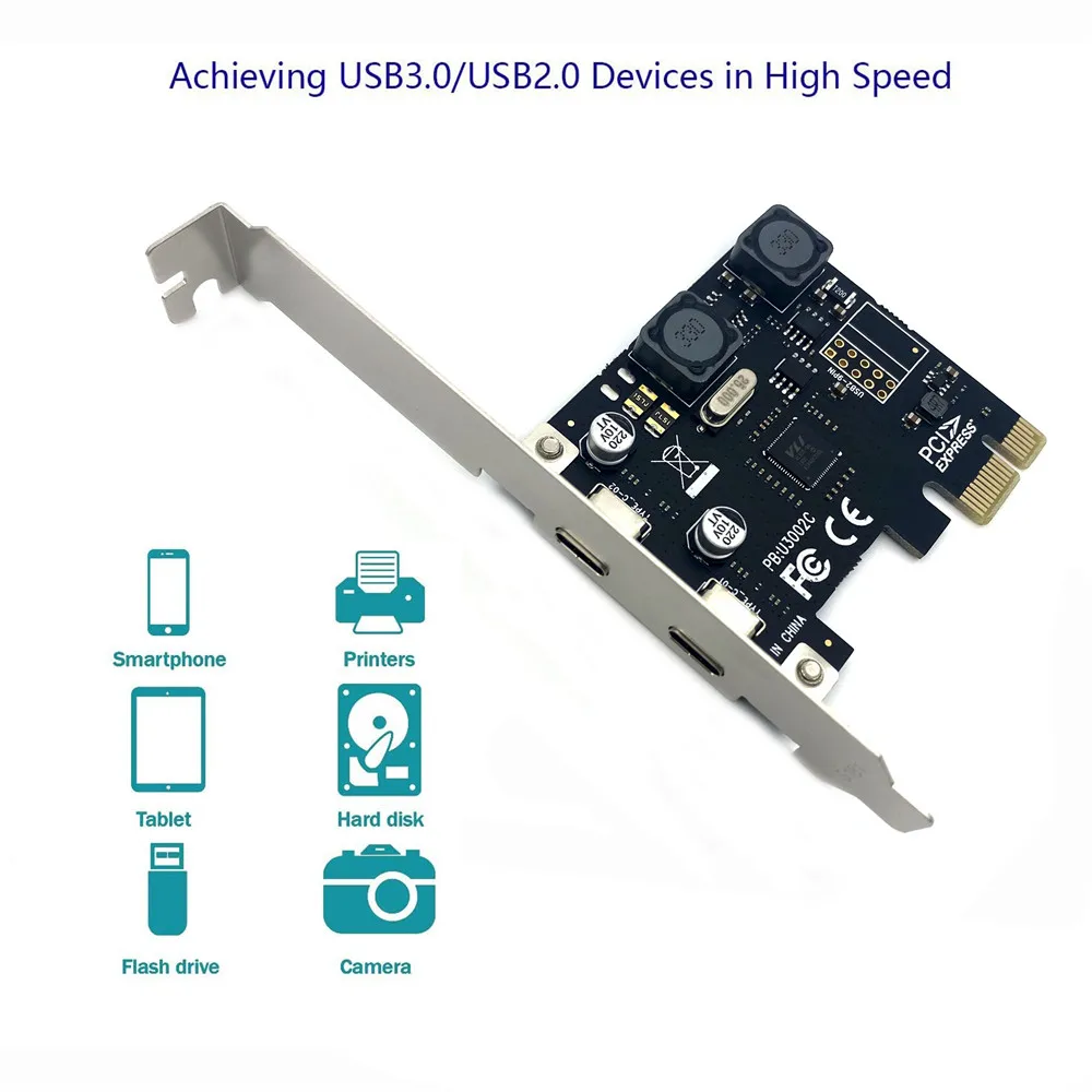Карта расширения PCI-E 2 порта USB3.0 Type-C 5 Гбит/с высокоскоростная карта адаптера Type C