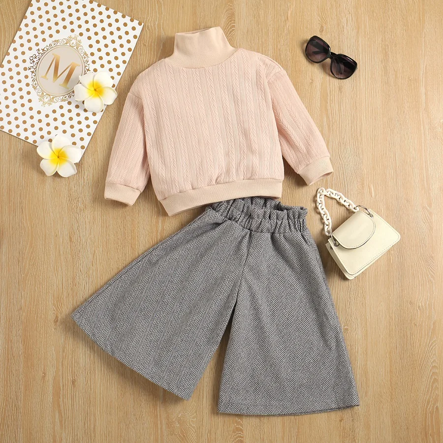 

Autumn and winter girls' long sleeve high neck Pullover knitted sweater + waist closing wide leg pants two-piece Set Baby Set