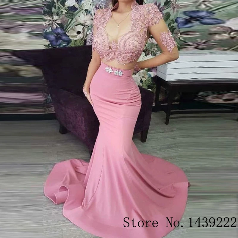 

Pink Mermaid Satin Evening Dresses Prom Long Sleeves Court Train Beads Belt Vestidos De Fiesta De Noche Robe De Soiree Plus Size