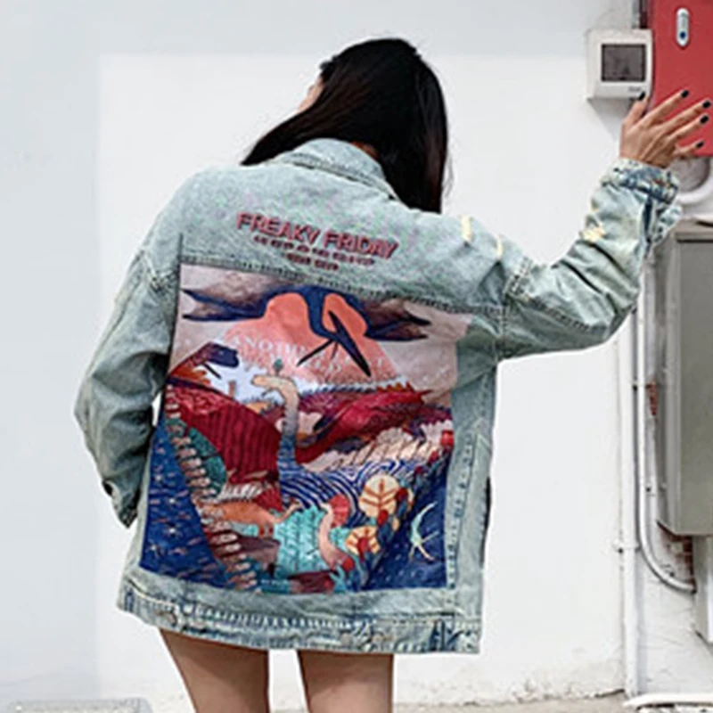 Женская джинсовая куртка OUSHANG длинная винтажная уличная в стиле панк с забавным