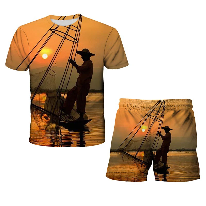 

Boy 3D printing short sleeve suit steam train funny clothes girl landscape T-shirt vacation travel hip-hop style baby top 4-14