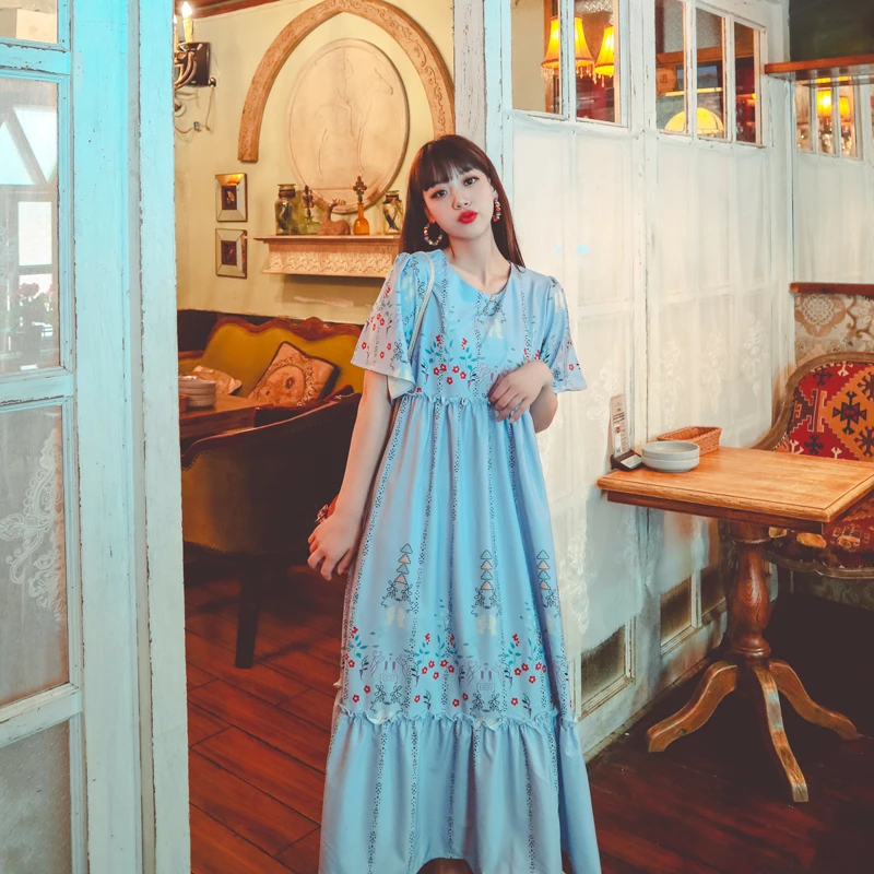 

Make wind restoring ancient ways is royal printing hubble-bubble sleeve agaric edge stitching loose dress three color