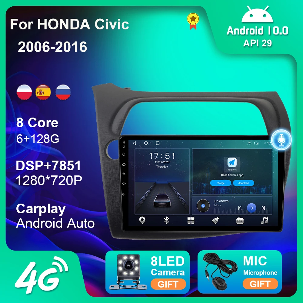 

Android 10 Car Radio Stereo For Honda Civic 2006-2012 LHD/RHD GPS Navigation Android Auto 4G WIFI Camera Carplay DVD Player