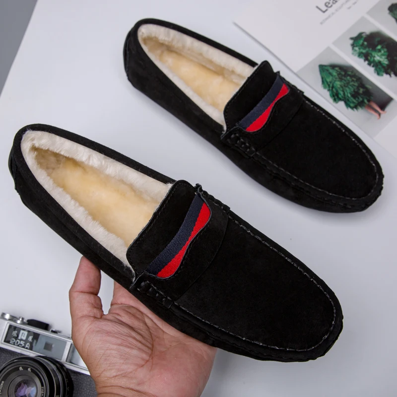 

Зимние мужские лоферы, роскошные брендовые плюшевые офисные туфли, теплые слипоны, плоская подошва, мужские мокасины, кожаная повседневная ...