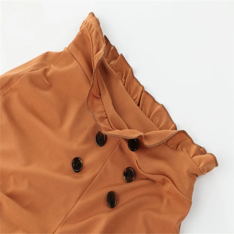 

Women Pencil Pant Ruffled Button Decor Elastic High Waist Solid Color Pant Ladies Spring Autumn Slim Hip Long Trouser Streetwear