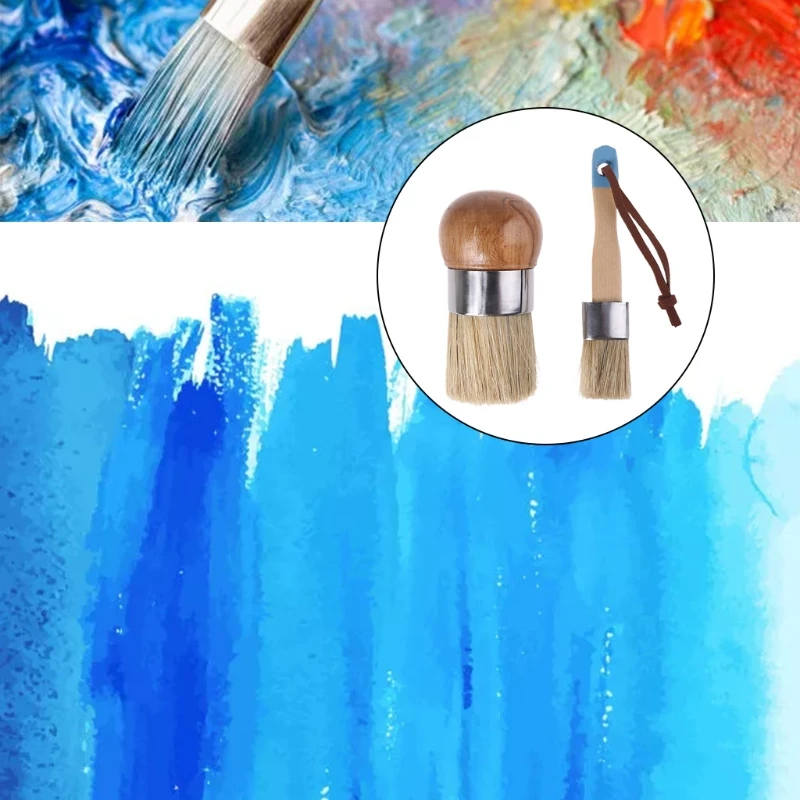 

2 Pcs Round and Flat Chalk Paint Wax Brush Ergonomic Wood Handle Natural Bristle Brushes Furniture DIY Painting Waxing Tool