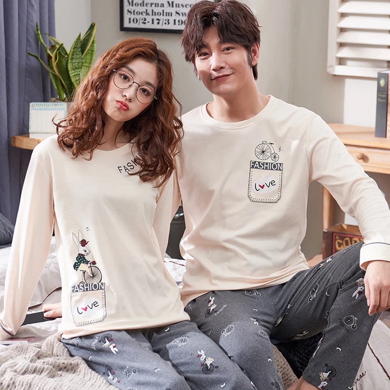 Новый осенний хлопковый пижамный комплект для пар мультяшная женская пижама с