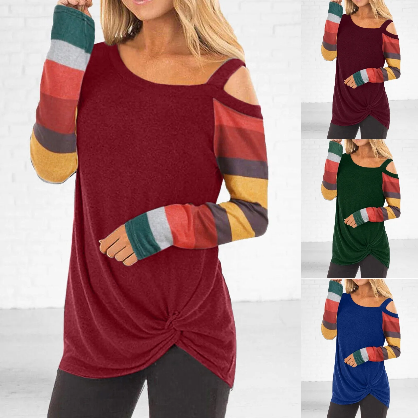 

Fashion Womens Off-the-shoulder Color Stripes Sexy Casual Striped Long Sleeve Off Shoulder Twisted Hem Tops Рубашка Женская 2021