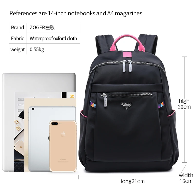 ZOGER travel shoulder high quality laptop bag Oxford canvas casual lady lightweight large capacity backpack for girls in their 2