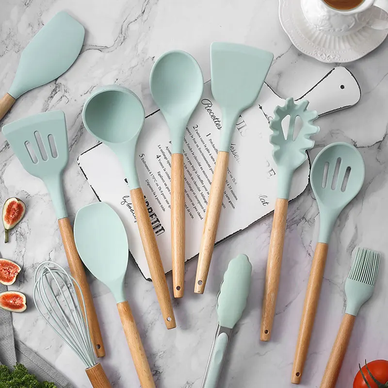 

12pcs Silicone Kitchenware Storage Bucket And 11pcs Non-Stick Pan Kitchenware With Wooden Handle Set Convenient Kitchen Supplies