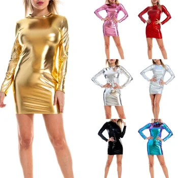 Women Leather Bodycon Mini Dress Shiny Metallic Long Sleeve Round Neck Club Dress 1