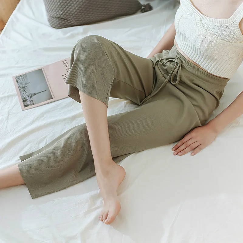 Летние свободные штаны из ледяного шелка на шнурках для девочек вязаные Длинные