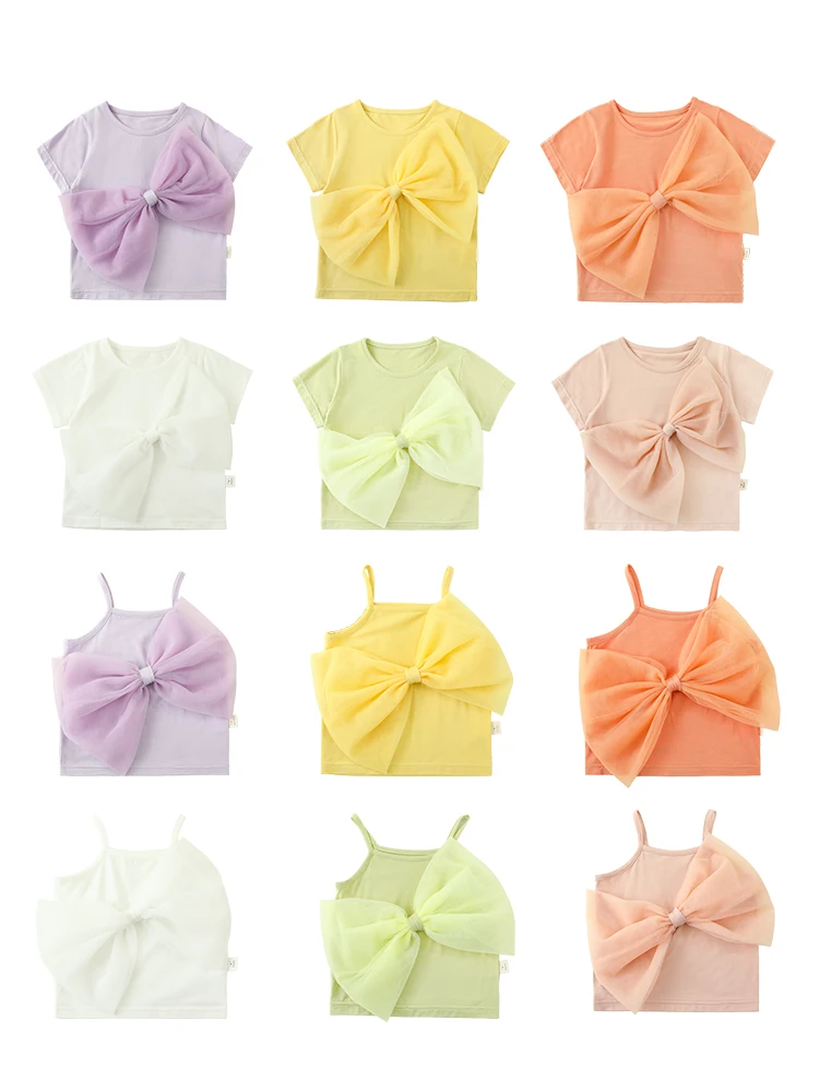Детская летняя футболка с коротким рукавом газовый топ бантом для девочек новый