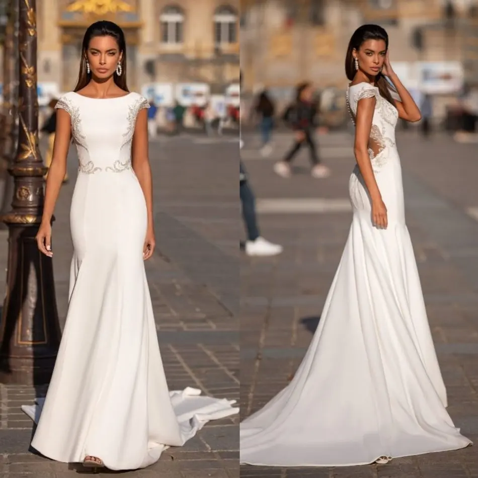 

Свадебное платье с бисером русалки, атласное кружево, короткий рукав, круглый вырез, деревенский сад, свадебные платья, пляжный поезд, 2020