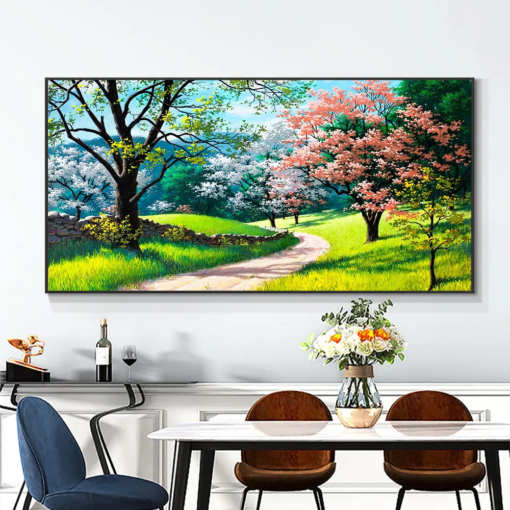

Landscape Oil Painting Green Trees Pink Flowers Reproductions on Canvas Posters and Prints Wall Picture for Living Room