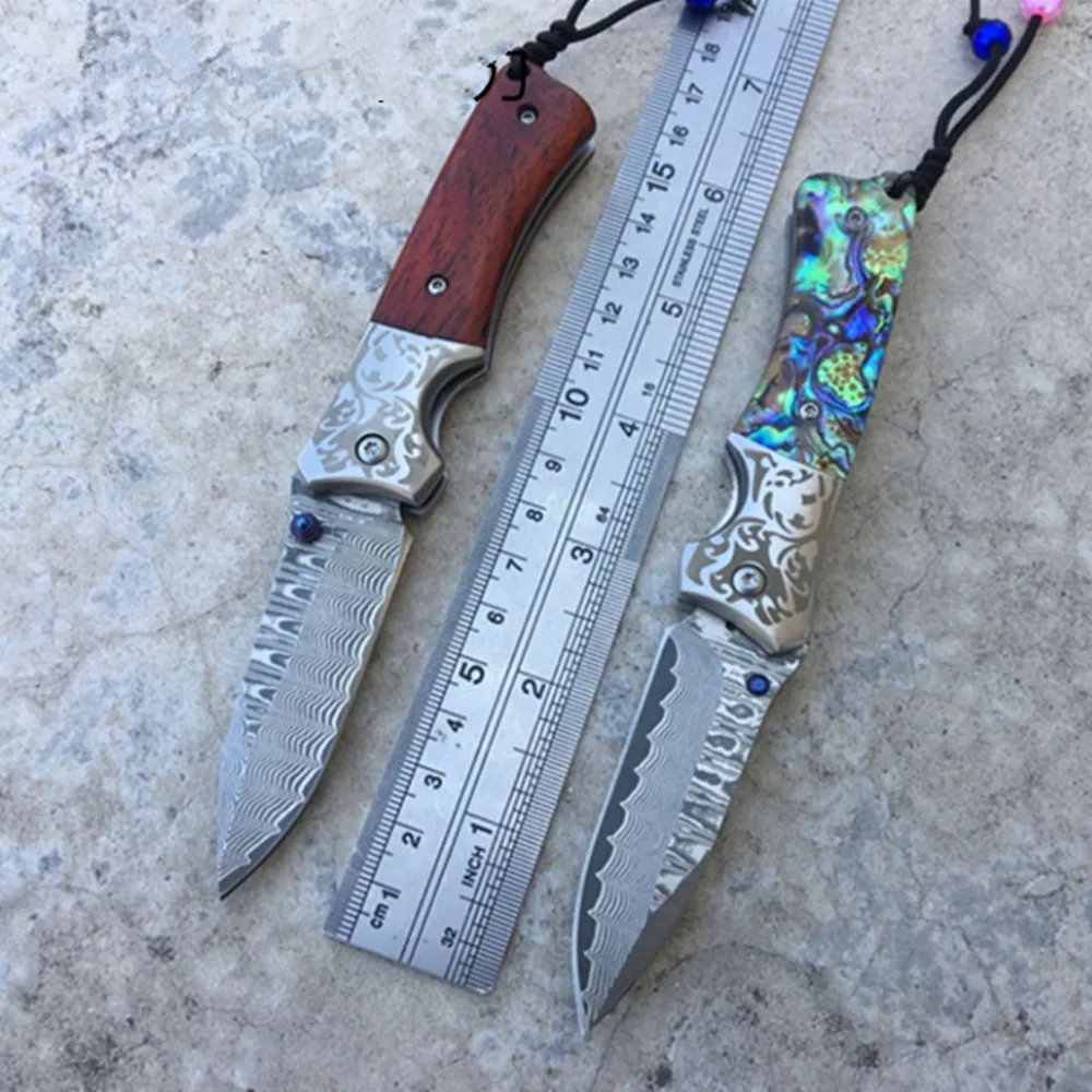 Складной нож дамасское лезвие желтая ручка из сандалового дерева выживание