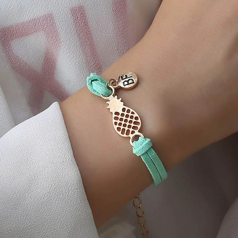 

High Quality New Simple Hollow Pineapple Letter BF Round Pendant Double Leather Velvet Rope Bracelets For Women Drop Shipping