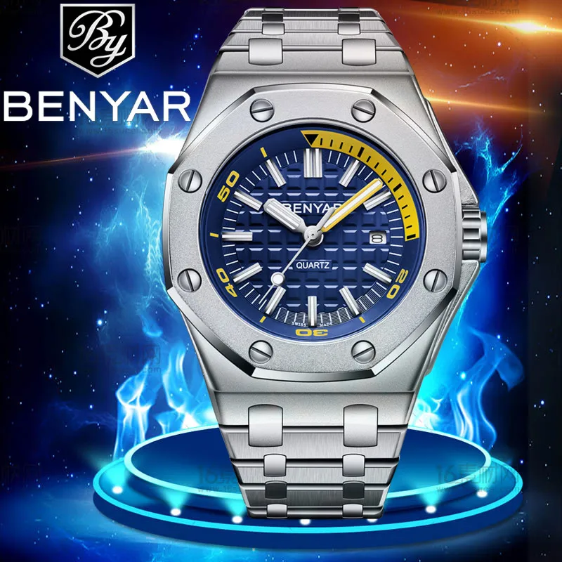 BENYAR 5123 Топ бренд ремешок из нержавеющей стали светящийся циферблат