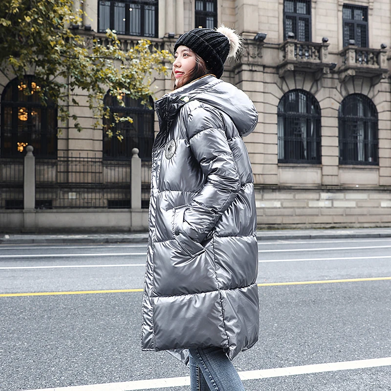 

Women Silver Champagne Glossy Parka New Epaulet Long Hooded ParkaFemale Office Lady Winter Jacket