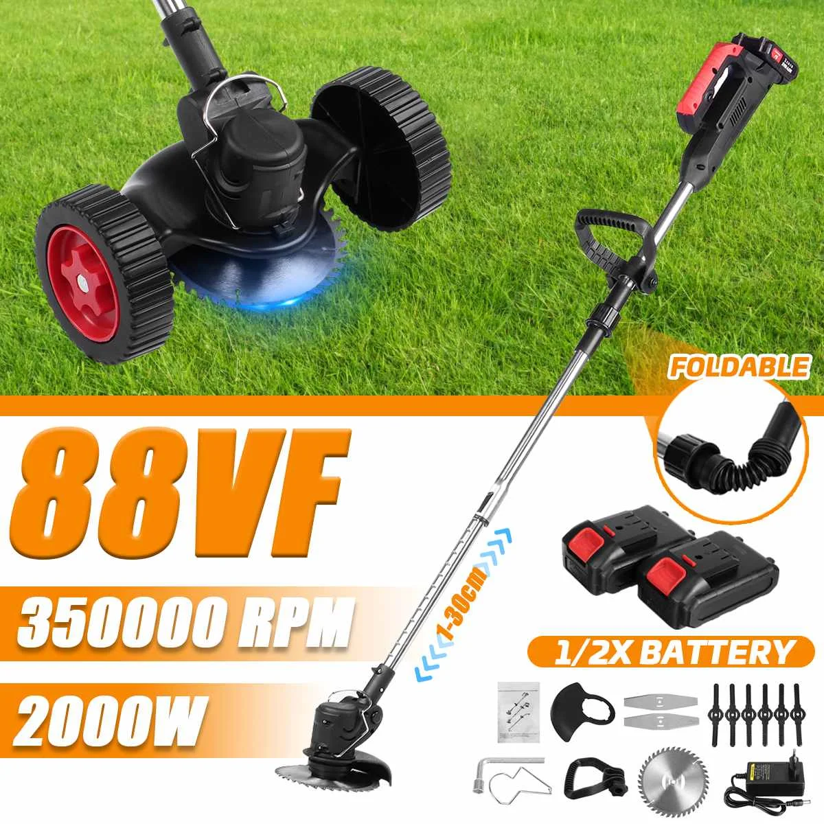 

2000W Cordless Grass Trimmer 88VF Portable Electric Lawn Mower Brush Cutter Adjustable Mowing Machine Garden Tool with Battery