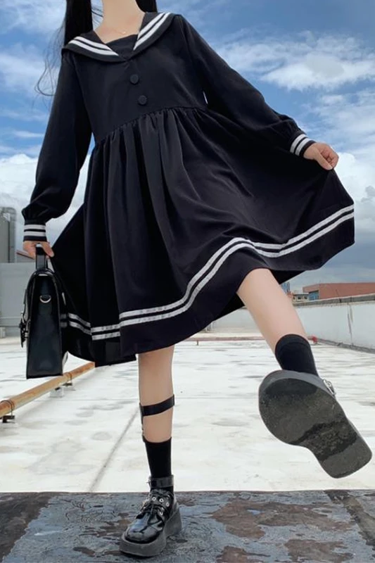 

Women Dress Autumn Japanese Dark Style Navy Collar Long Sleeve Sweet Bow High Waist Pleated JK Sailor Dress School Girl Uniform