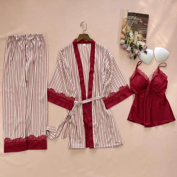 

Pajamas 3PCS Women Nightwear Casual Sleepwear Sexy Novelty Burgundy Bathrobe Gown Intimate Lingerie Home Clothing Satin Homewear