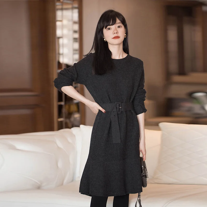 

Solid Rib Knitted Women Sweater Dress Autumn Winter O Neck Long Sleeve With Sash Office Ladies Work Knee A-line Dress 2021