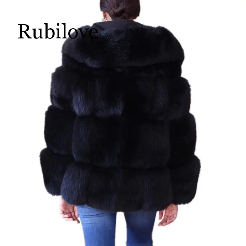 

Rubilove Women Winter Jacket Coat Long sleeve collar Luxury Faux Fox Fur Coat Jacket Faux Fur Warm Coat Outwear With hooded