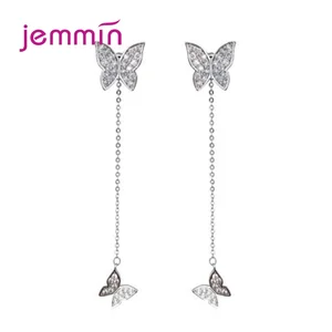 Серьги-подвески женские из серебра 925 пробы с фианитами и бабочкой