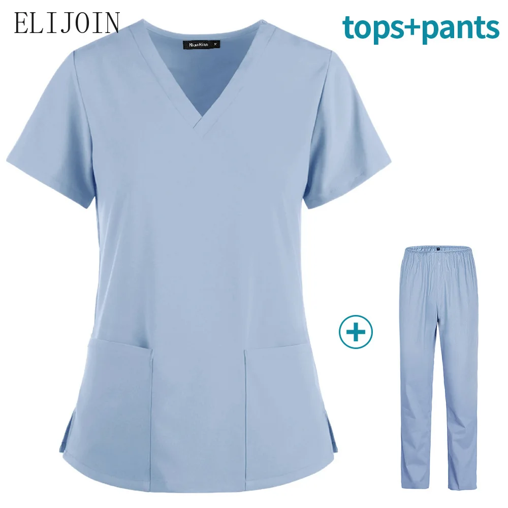 

ELKIJOIN Medical Uniforms Elastic Slim Nurse's Clothing Short Sleeve Summer Dress Split Set Medical Suit For Women