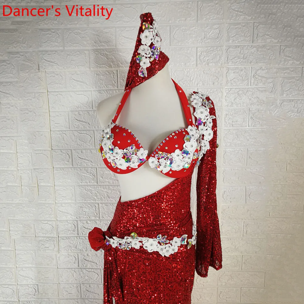Women Belly Dance Group Performance Costume Bra Belt Headband Sequin Single Sleeve Robe Drum Oriental Indian Dancing Stage Wear |