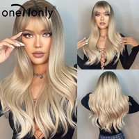 onenonly brown ombre blonde wig with bangs long wavy womens wigs natural party cosplay daily human hair heat resistant