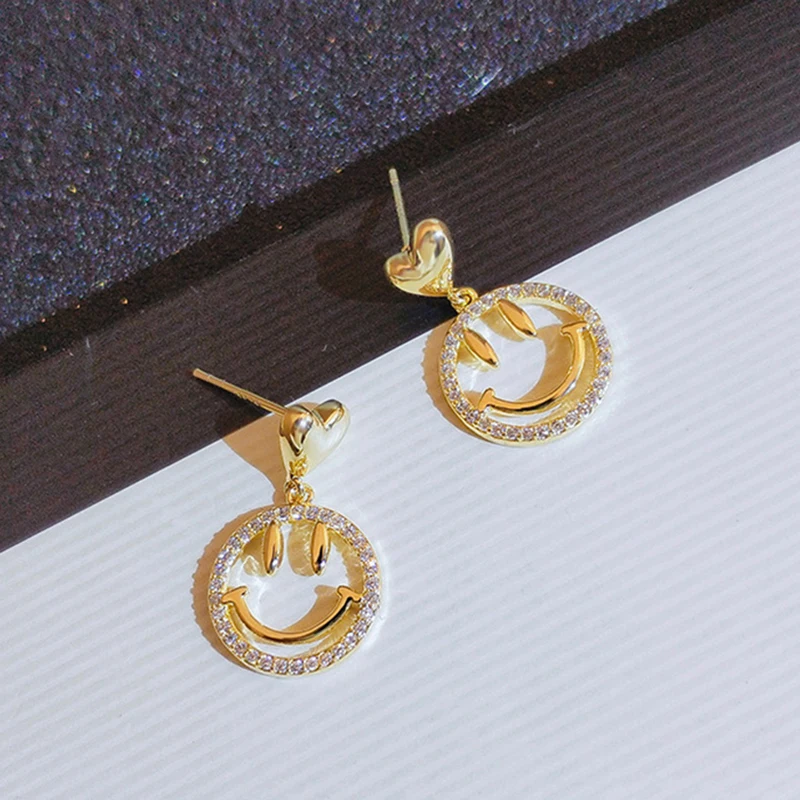 

Trendy 14K Real Gold Round Smiley Dangle Earrings for Women Accessories Korean Fashion Jewelry S925 Silver Needle Shiny Zircon