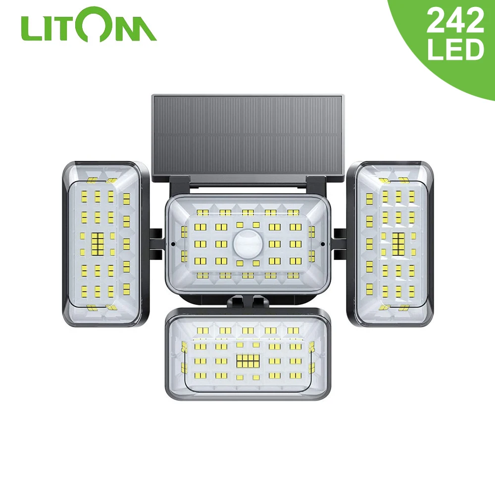 

Уличная Светодиодная лампа LITOM на солнечной батарее с 4 датчиками движения и углом обзора 242 °, водонепроницаемая настенная лампа для украше...