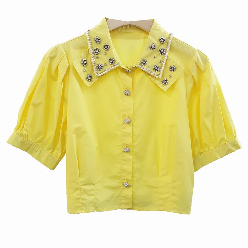 Chemise courte pour Femmes 2021 Été Nouveau Simple Boutonnage Manches Bouffantes Exquis Strass Revers Tout-Assorti Haut Court Dame Blusas