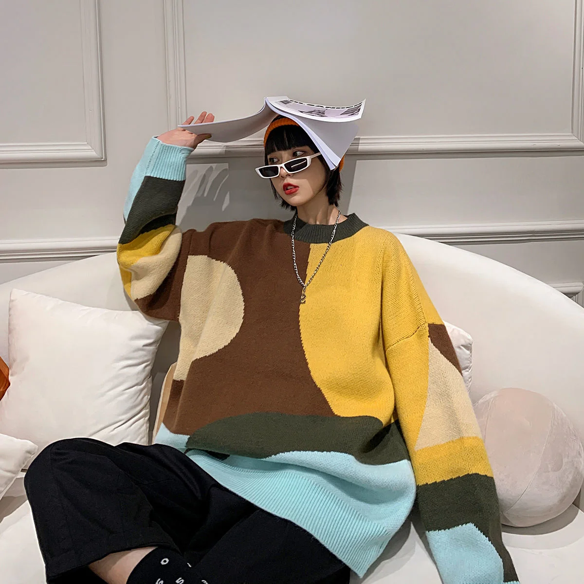 

Pullovers Splicing 3-color Coats Y2k Tops 2021 Winter Men's Round Neck Cashmere Turtleneck Long Sleeve Sweater Loose Fashion